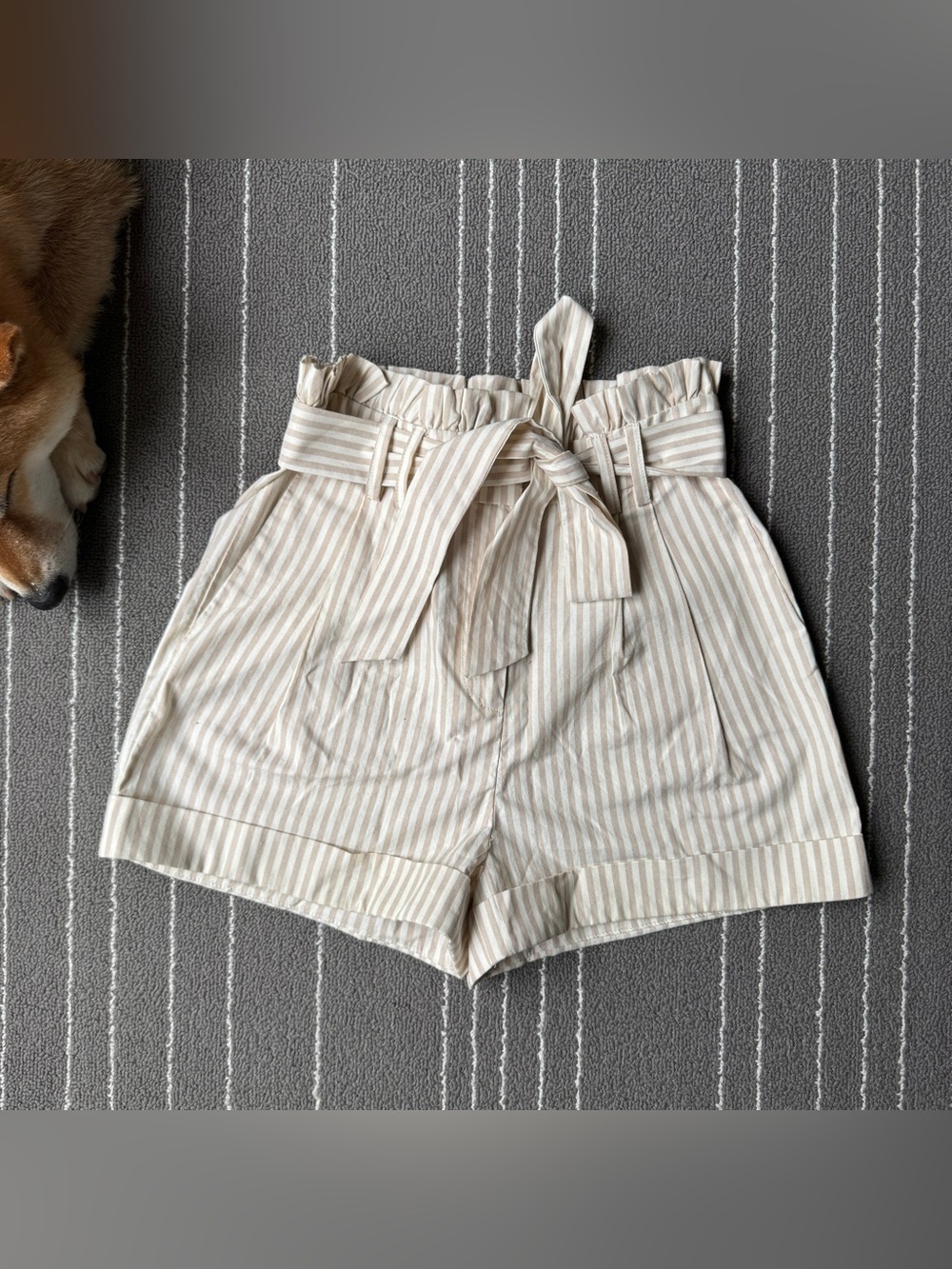 Forever 21 Beige and White Striped Paperbag Waist Shorts